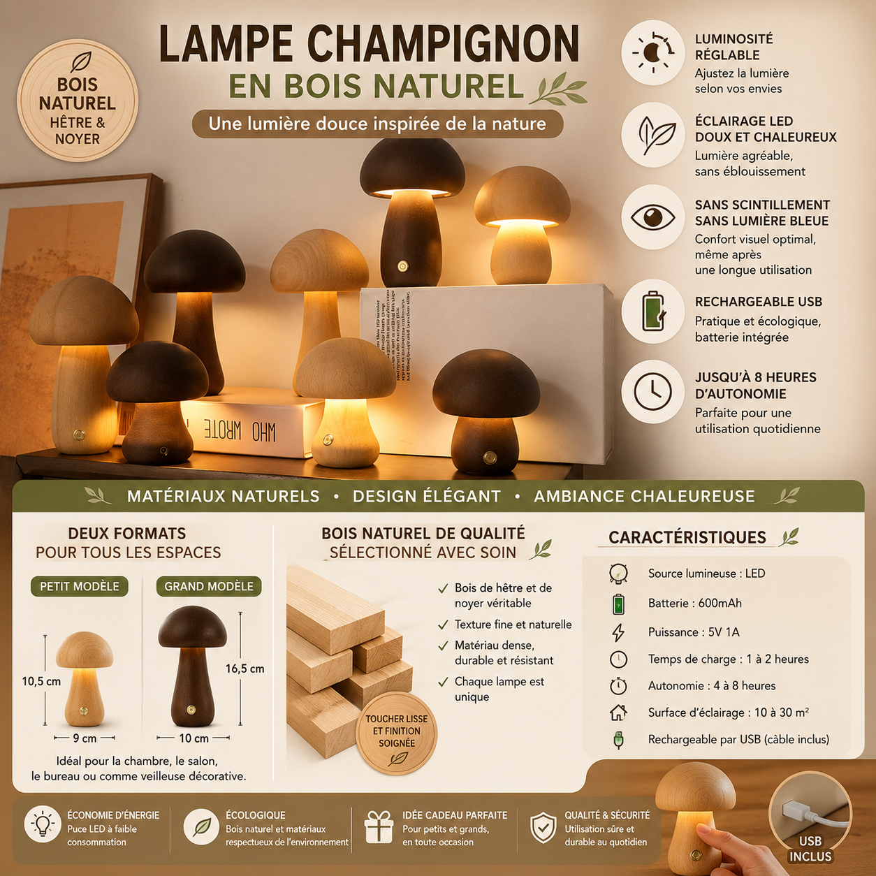 Infographie complète de la lampe champignon en bois naturel présentant les différents modèles, les dimensions, les caractéristiques techniques, les matériaux utilisés et les avantages d’une lumière douce rechargeable USB.