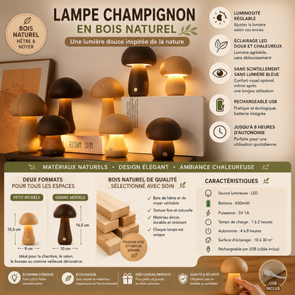 Infographie complète de la lampe champignon en bois naturel présentant les différents modèles, les dimensions, les caractéristiques techniques, les matériaux utilisés et les avantages d’une lumière douce rechargeable USB.
