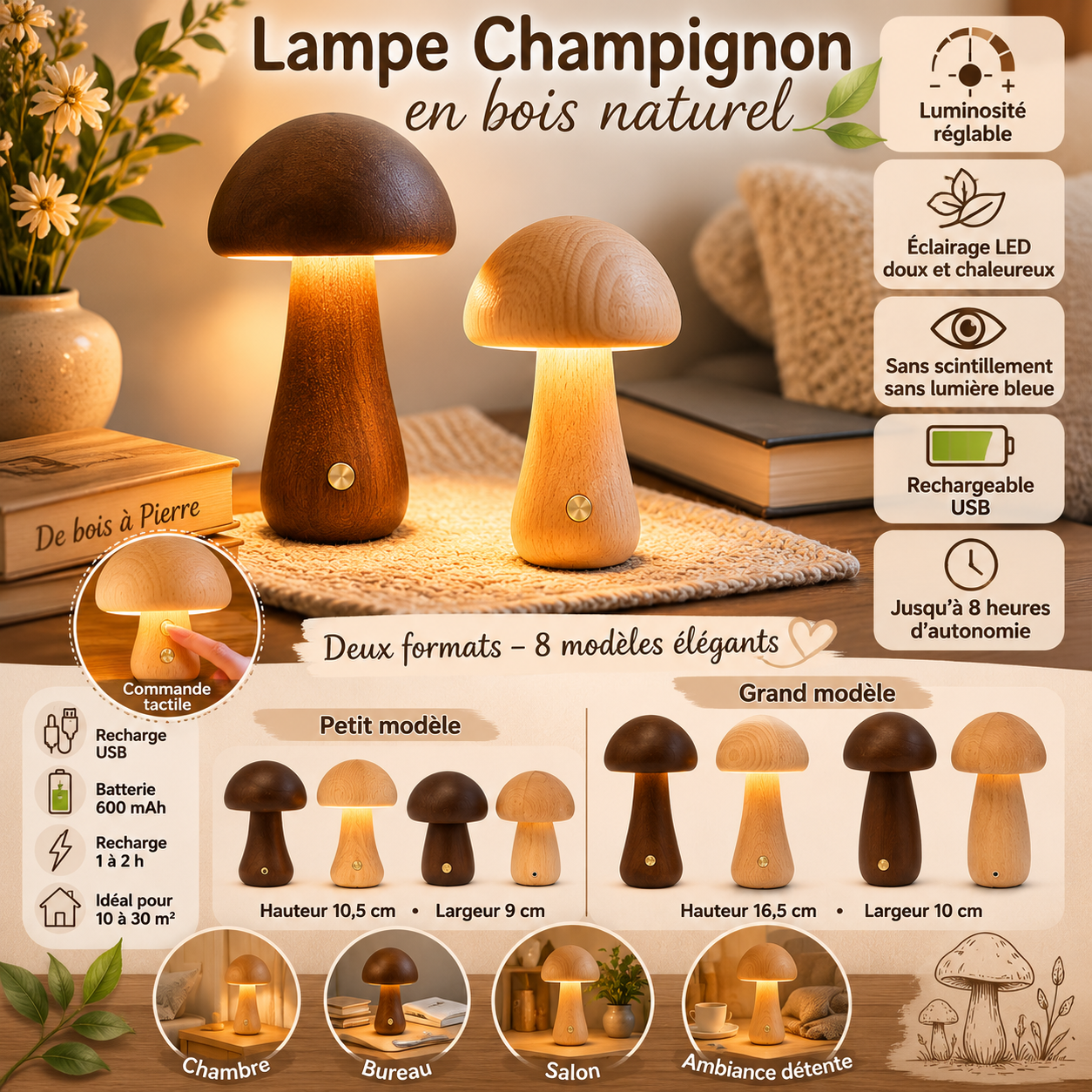 Présentation complète de la lampe champignon en bois naturel avec comparaison des petits et grands modèles, fonctionnalités rechargeables, éclairage chaleureux et exemples d’utilisation dans différentes pièces de la maison.