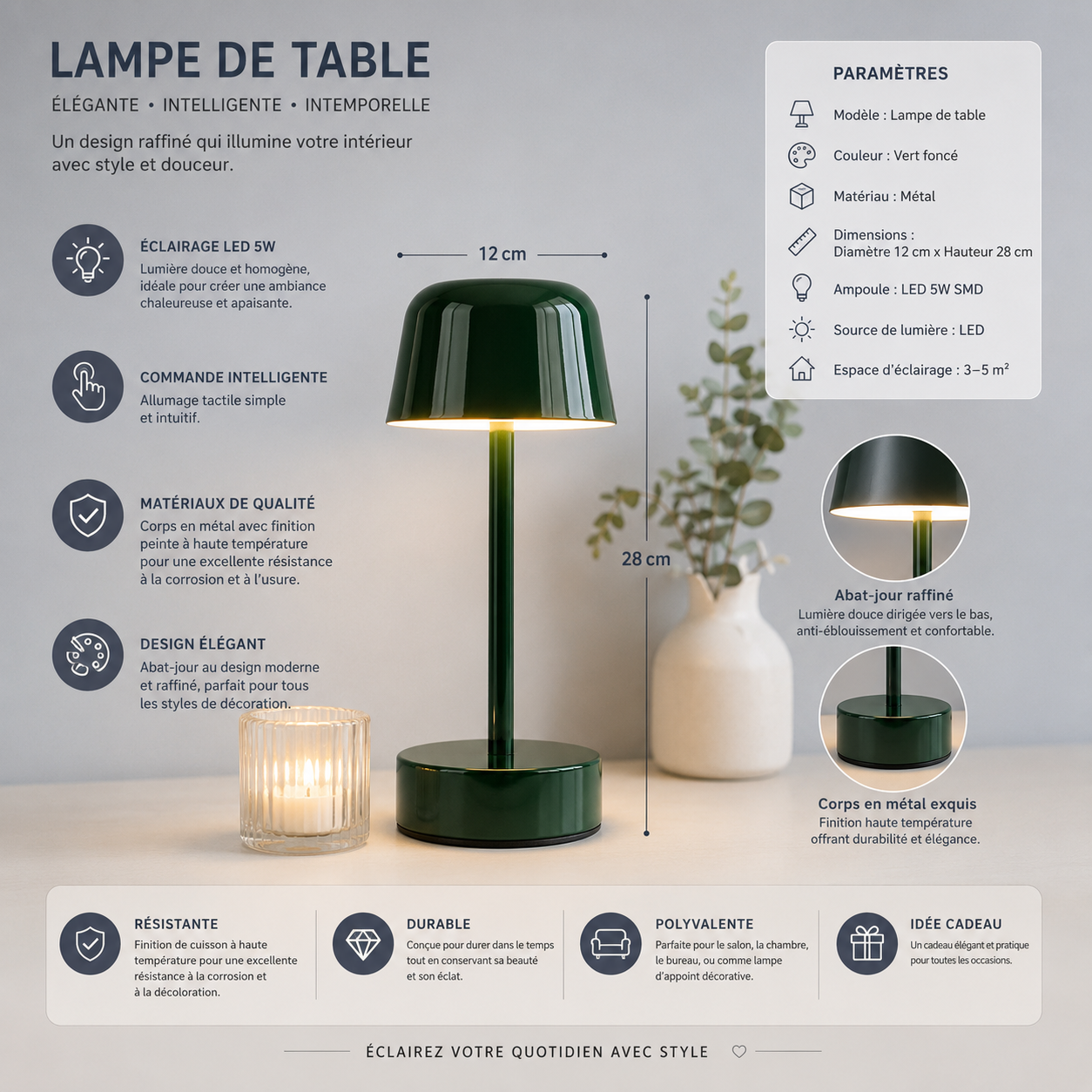 Infographie de la Lampe Nova LED rechargeable vert forêt avec ses dimensions, ses caractéristiques techniques, son éclairage LED réglable et ses informations essentielles dans un design moderne et épuré.