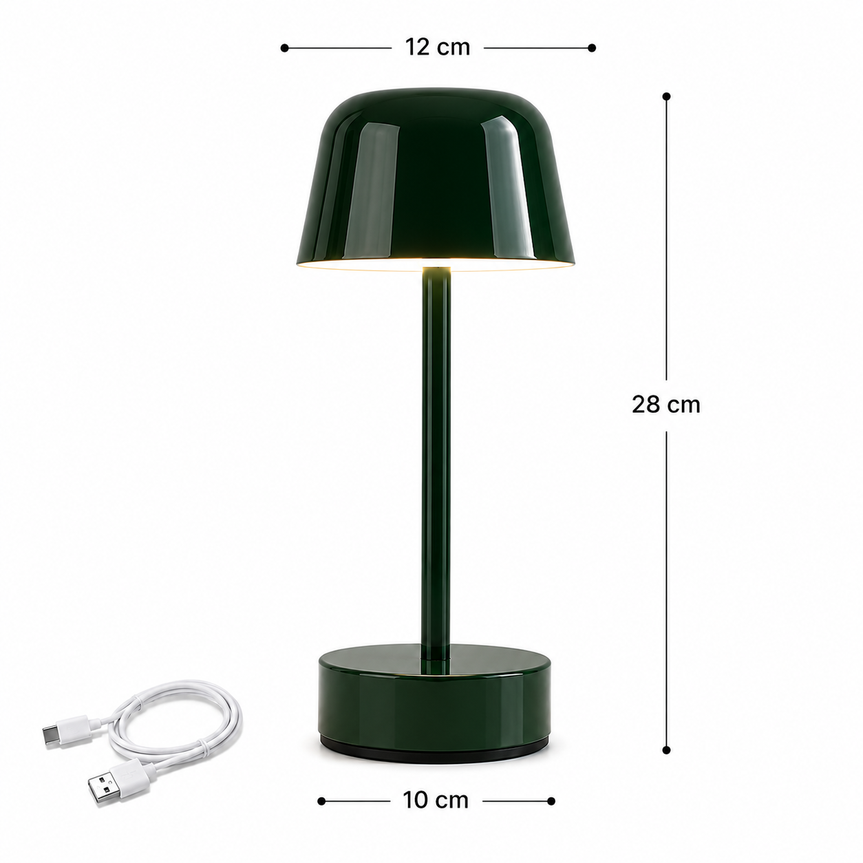 Lampe Nova LED rechargeable vert forêt avec dimensions de 28 cm de hauteur, base de 10 cm, abat-jour de 12 cm et câble USB de recharge, présentée sur une infographie à fond blanc.