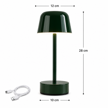 Lampe Nova LED rechargeable vert forêt avec dimensions de 28 cm de hauteur, base de 10 cm, abat-jour de 12 cm et câble USB de recharge, présentée sur une infographie à fond blanc.