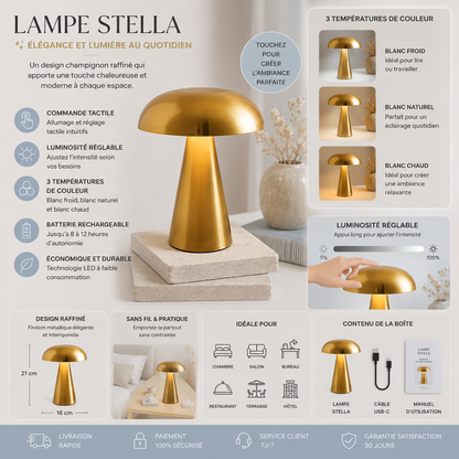 Infographie complète de la lampe Champignon Stella LED dorée présentant ses caractéristiques, ses dimensions, les trois températures de couleur (blanc froid, blanc neutre et blanc chaud), la commande tactile, le variateur d'intensité, le câble USB et ses différentes utilisations dans un intérieur moderne.