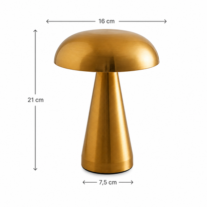 Schéma des dimensions de la lampe Champignon Stella LED dorée rechargeable. Lampe de table design mesurant 21 cm de hauteur, 16 cm de diamètre et 7,5 cm de diamètre à la base. Décoration moderne