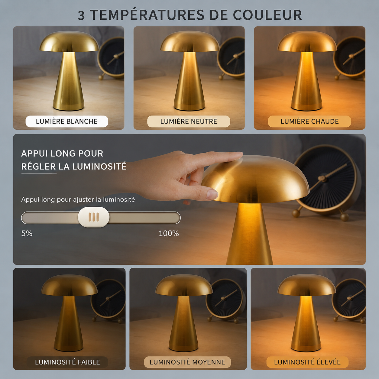 Infographie de la lampe Champignon Stella LED dorée présentant trois températures de couleur (blanc froid, blanc neutre et blanc chaud), une commande tactile avec variateur d'intensité et plusieurs niveaux de luminosité. Lampe de table design moderne
