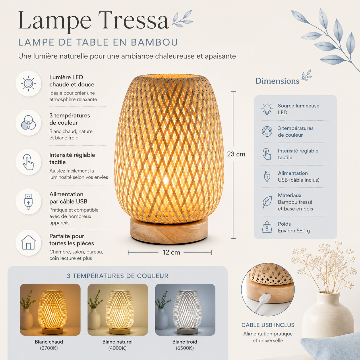 Infographie de la lampe de table Tressa en bambou tressé à la main présentant ses caractéristiques, ses dimensions, ses trois températures de couleur, son éclairage LED, son alimentation USB rechargeable, son design en bois naturel et son abat-jour en bambou créant une lumière douce et chaleureuse pour le salon, la chambre, le bureau ou l'entrée.