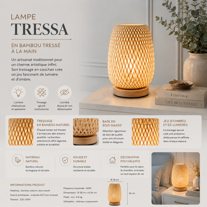 Infographie de la lampe de table Tressa en bambou tressé présentant son design artisanal, son abat-jour en bambou naturel, sa base en bois massif, son éclairage LED à trois températures de couleur, ses dimensions et ses principaux avantages. Lampe décorative idéale pour créer une ambiance chaleureuse dans le salon, la chambre, le bureau ou l'entrée.