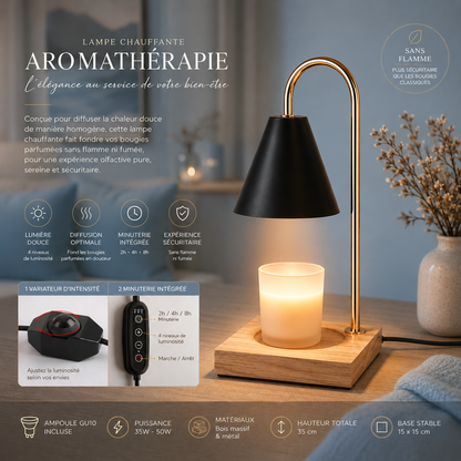 Infographie de la lampe chauffante aromathérapie pour bougie parfumée avec base en bois naturel, variateur de luminosité, minuterie 2 h, 4 h et 8 h, chauffage sans flamme, lumière douce, sécurité renforcée et design moderne pour une ambiance chaleureuse et relaxante.