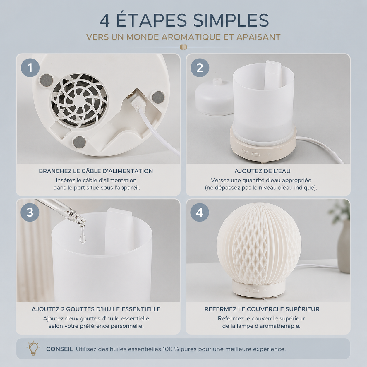 Infographie en français présentant les 4 étapes d'utilisation du diffuseur d'huiles essentielles LED Brise : brancher le câble d'alimentation, ajouter l'eau, verser quelques gouttes d'huile essentielle, puis refermer le diffuseur avant utilisation.