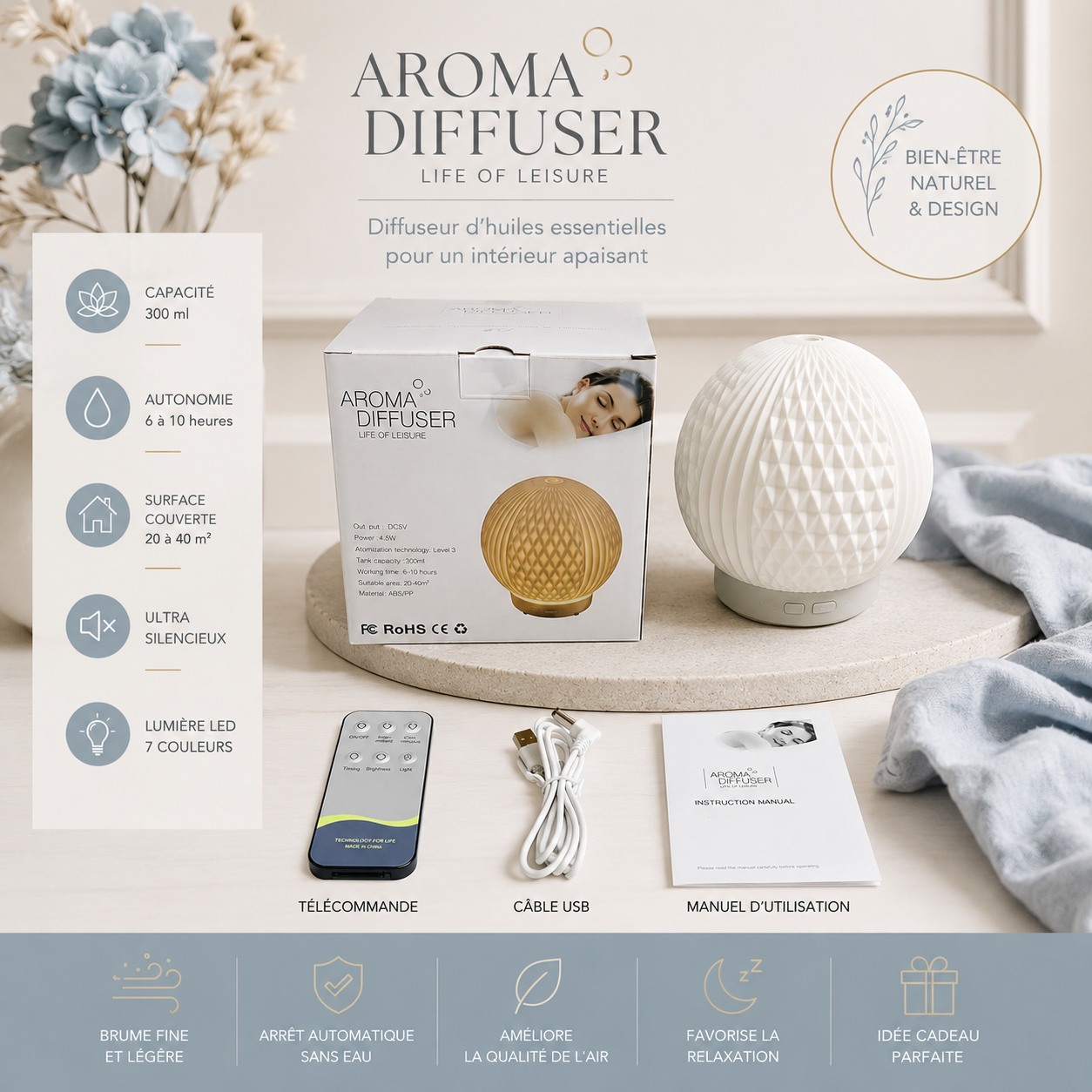Infographie du diffuseur d'huiles essentielles LED Brise avec coffret, télécommande, câble USB et manuel d'utilisation. Présentation des principales caractéristiques : éclairage LED 7 couleurs, diffusion ultrasonique, arrêt automatique, autonomie prolongée et design blanc moderne dans un décor greige et bleu poudre.