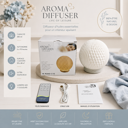 Infographie du diffuseur d'huiles essentielles LED Brise avec coffret, télécommande, câble USB et manuel d'utilisation. Présentation des principales caractéristiques : éclairage LED 7 couleurs, diffusion ultrasonique, arrêt automatique, autonomie prolongée et design blanc moderne dans un décor greige et bleu poudre.