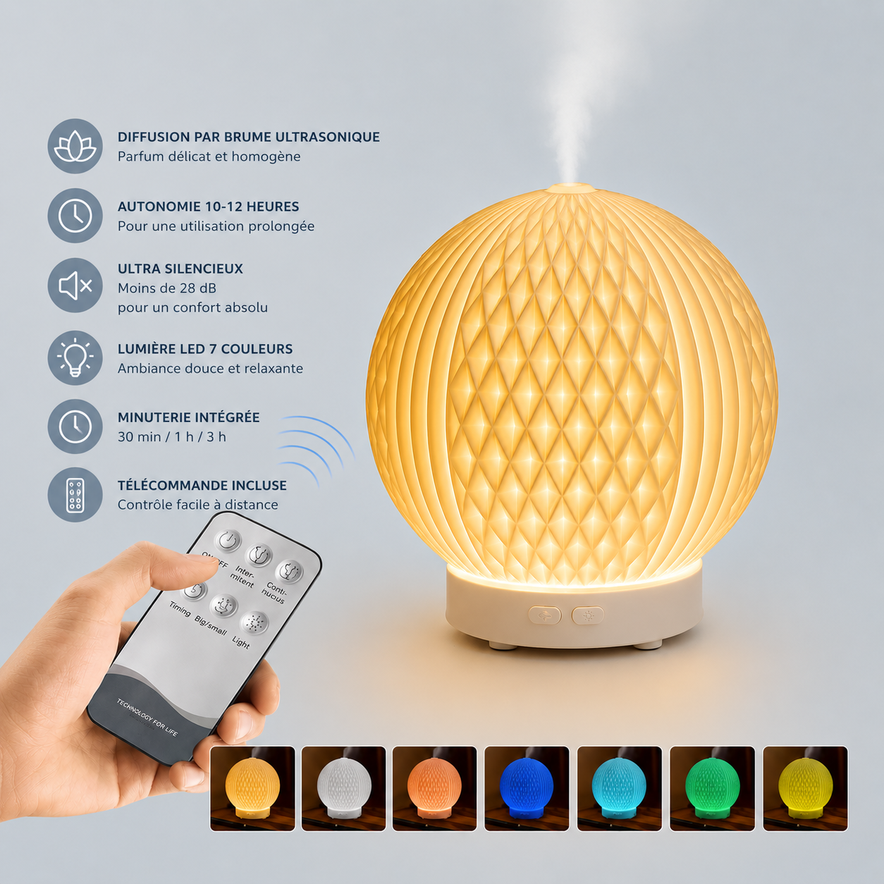 Infographie du diffuseur d'huiles essentielles LED Brise allumé avec télécommande, diffusion de fine brume et 7 couleurs d'éclairage LED. Présentation des fonctions : diffusion ultrasonique silencieuse, arrêt automatique et minuterie, idéale pour créer une ambiance relaxante dans la chambre, le salon ou le bureau.