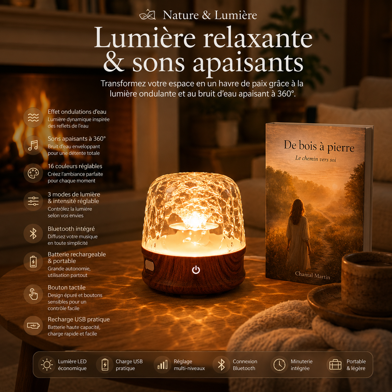 Infographie de lampe d’ambiance LED avec effet reflet d’eau, sons relaxants et Bluetooth. Présentation des fonctionnalités : 16 couleurs, minuterie, batterie rechargeable USB et modes d’éclairage personnalisables dans un décor chaleureux favorisant la détente et le bien-être.