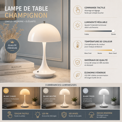 Infographie détaillée de la lampe de table champignon LED rechargeable illustrant la commande tactile, les trois températures de couleur, la luminosité réglable, les matériaux de qualité et les fonctionnalités pour un éclairage décoratif moderne.