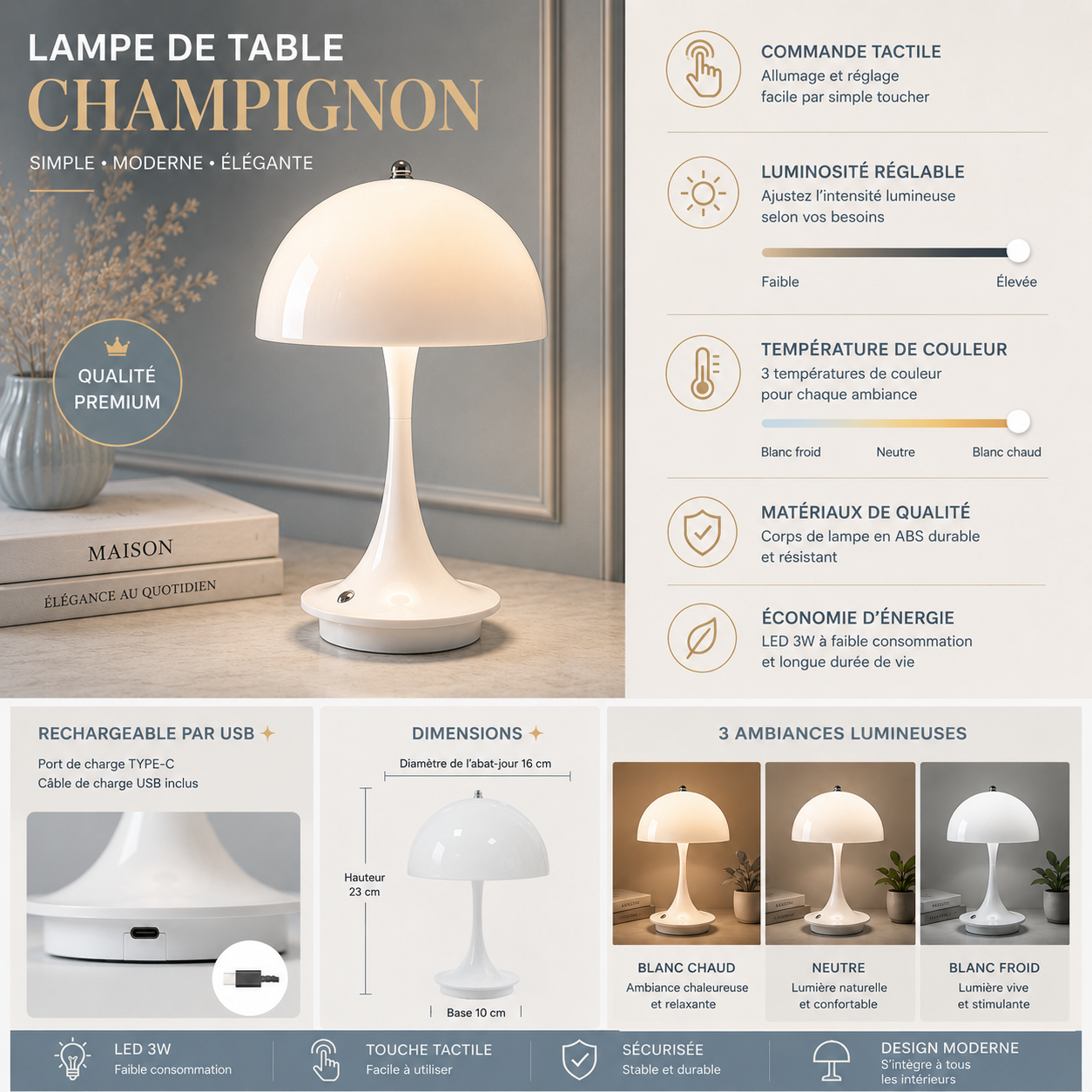 Infographie de la lampe de table champignon LED rechargeable avec port USB-C, commande tactile, luminosité réglable, trois températures de couleur, dimensions et caractéristiques pour un éclairage décoratif moderne.
