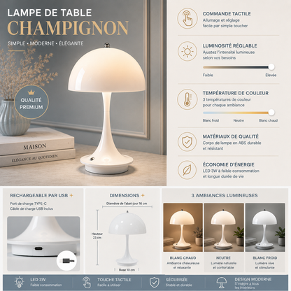 Infographie de la lampe de table champignon LED rechargeable avec port USB-C, commande tactile, luminosité réglable, trois températures de couleur, dimensions et caractéristiques pour un éclairage décoratif moderne.
