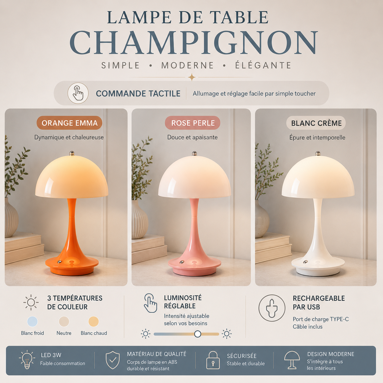 Infographie de la lampe de table champignon LED présentant les trois couleurs disponibles (Orange Emma, Rose Perle et Blanc Crème), la commande tactile, la luminosité réglable, la recharge USB-C et les principales caractéristiques du produit.