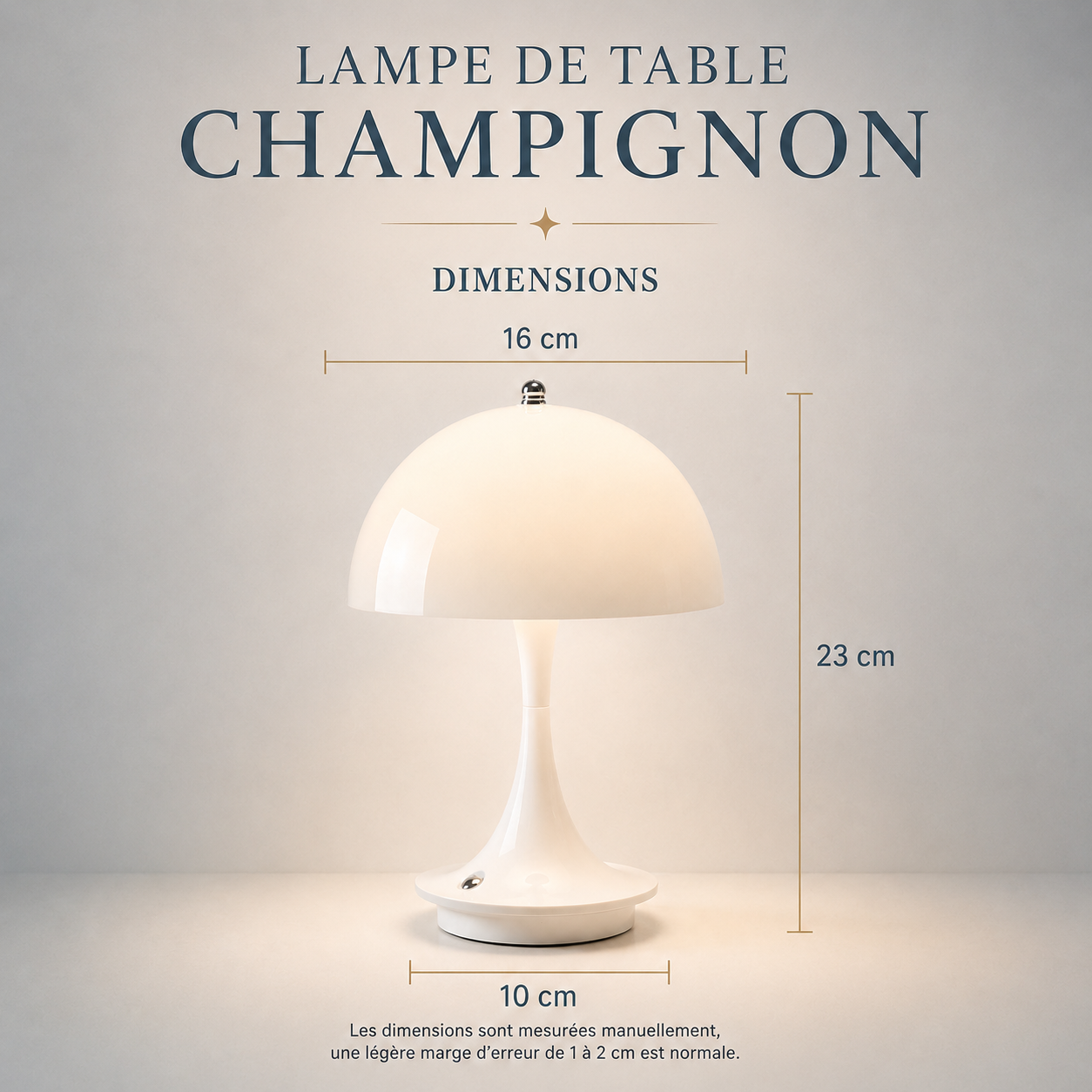 Infographie présentant les dimensions de la lampe de table champignon LED rechargeable avec un abat-jour de 16 cm de diamètre, une hauteur de 23 cm et une base de 10 cm pour un éclairage décoratif moderne.