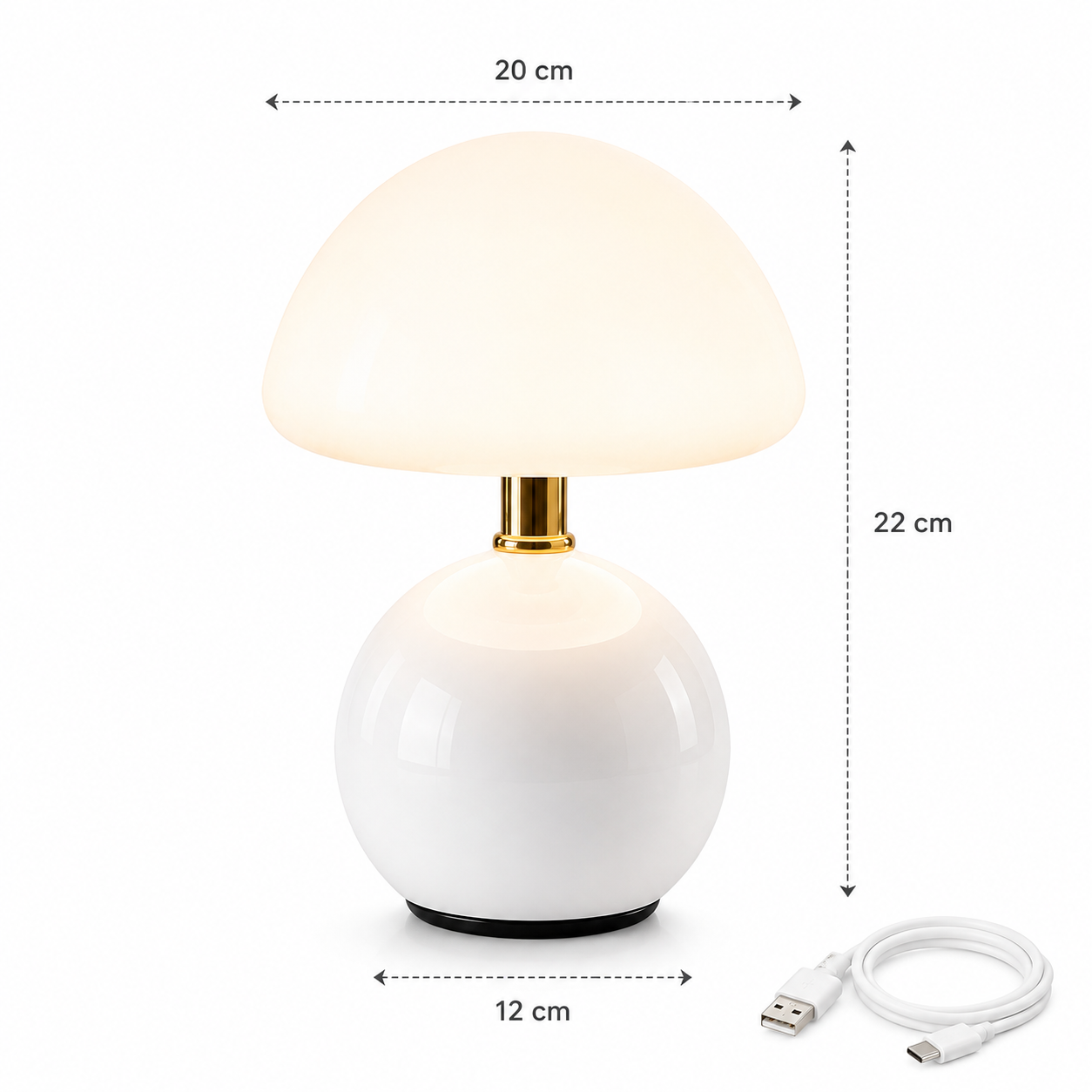 Infographie de la Lampe Champignon Aura LED rechargeable blanche présentant les dimensions, diamètre de l'abat-jour de 20 cm, base de 12 cm, câble USB-C fourni et design contemporain pour lampe de chevet, lampe de table ou lampe décorative.