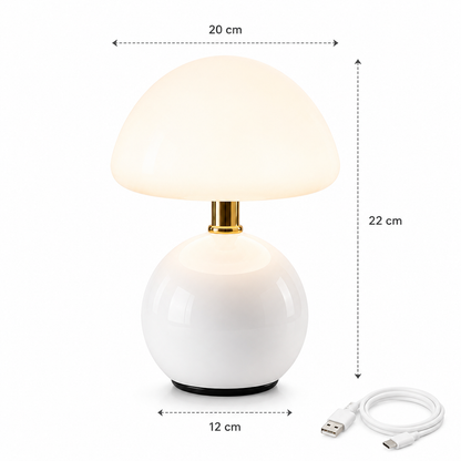 Infographie de la Lampe Champignon Aura LED rechargeable blanche présentant les dimensions, diamètre de l'abat-jour de 20 cm, base de 12 cm, câble USB-C fourni et design contemporain pour lampe de chevet, lampe de table ou lampe décorative.