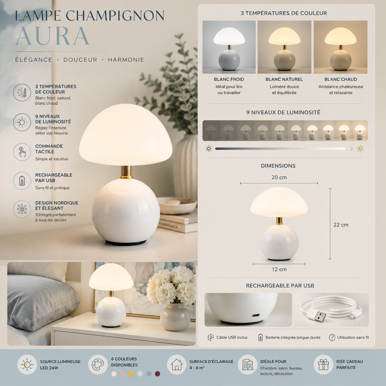 Infographie complète de la Lampe Champignon Aura LED rechargeable avec éclairage blanc chaud, naturel et froid, dimensions 32 cm x 20 cm, câble USB-C, cinq couleurs disponibles, caractéristiques techniques et photos d'ambiance dans un intérieur moderne greige et bleu poudre.