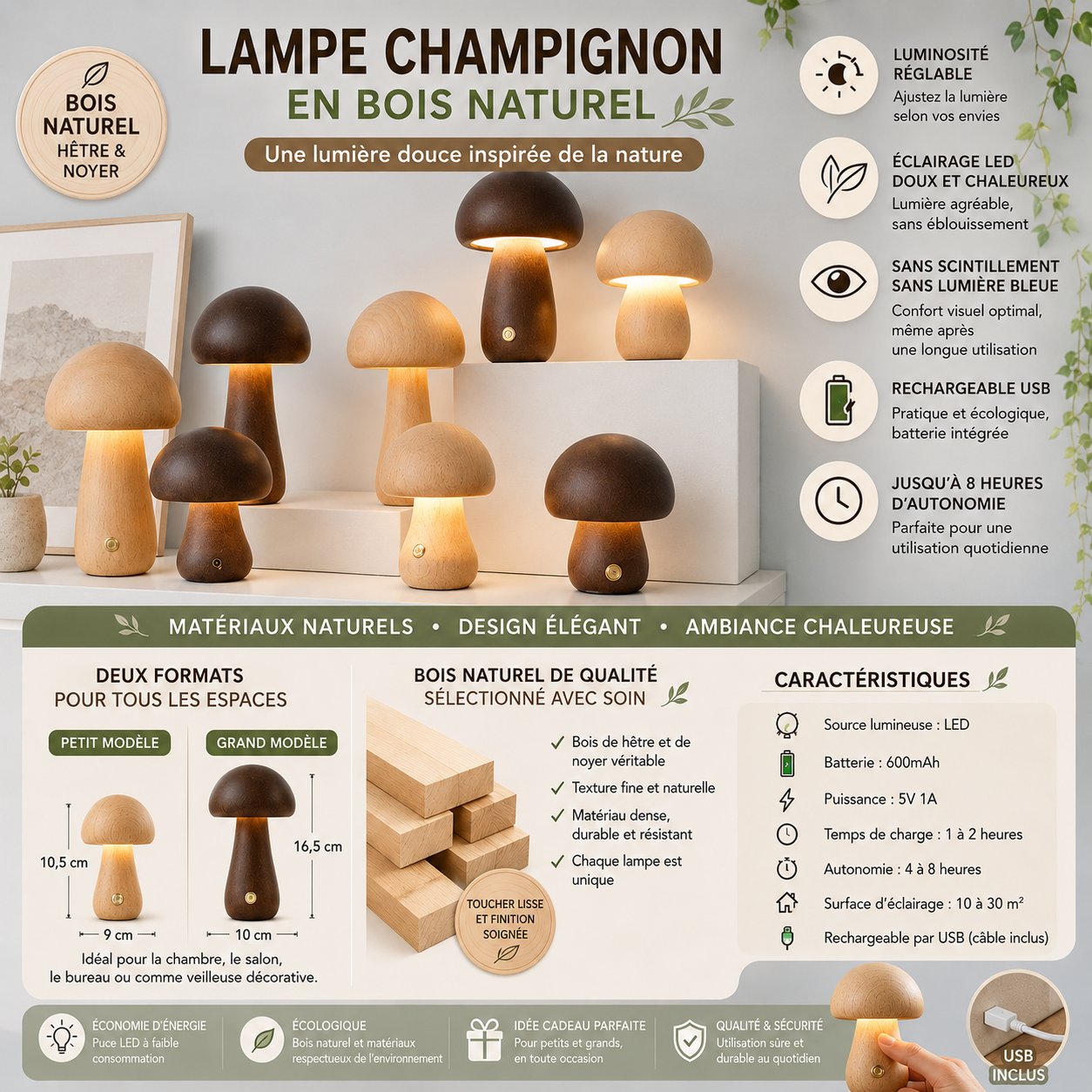 Infographie de la lampe champignon en bois naturel présentant les caractéristiques, les dimensions, les deux formats, les huit modèles disponibles et les avantages d'une lampe LED rechargeable USB en bois de hêtre et de noyer, idéale comme veilleuse décorative pour la chambre, le salon ou le bureau.