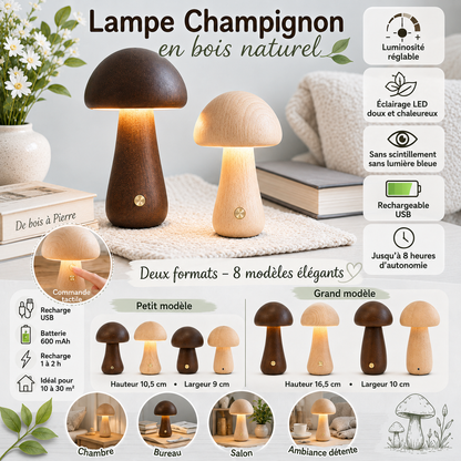 Infographie de la lampe champignon en bois naturel présentant les petits et grands modèles, les huit modèles disponibles, les dimensions, la luminosité réglable, l'éclairage LED doux, la batterie rechargeable USB et des mises en scène dans une chambre, un bureau, un salon et un espace détente.