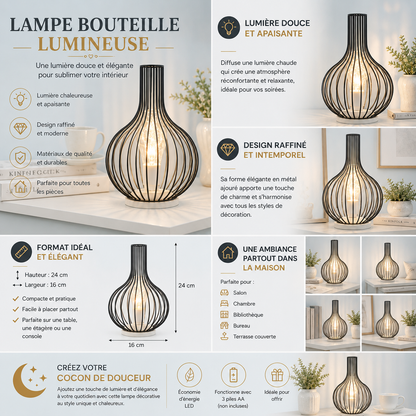 Infographie de la lampe bouteille lumineuse décorative LED présentant ses dimensions, ses caractéristiques, ses avantages et différentes mises en situation dans une décoration intérieure élégante aux tons greige et crème.