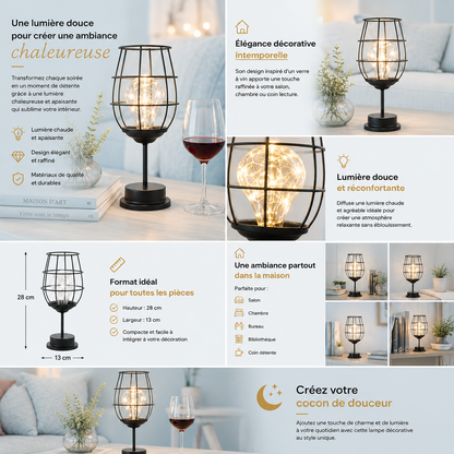 Infographie de la lampe bistro décorative LED avec dimensions, caractéristiques, éclairage chaleureux et exemples de décoration intérieure dans un salon moderne aux tons greige et crème.