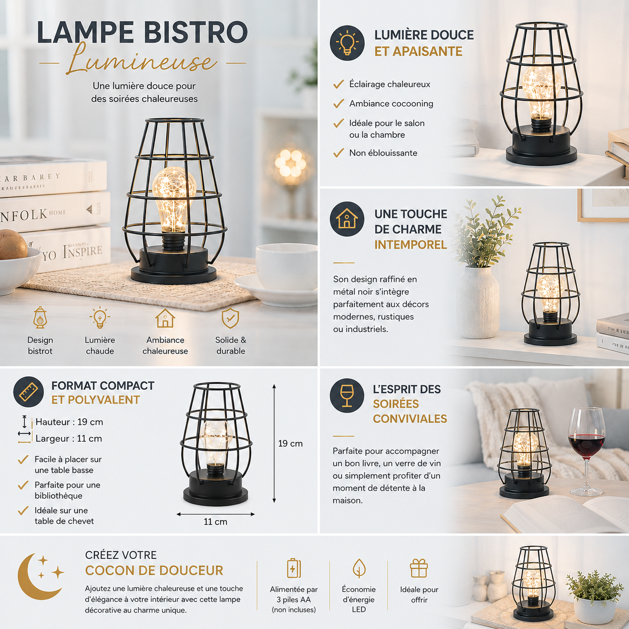 Infographie de la lampe bistro décorative LED avec dimensions, caractéristiques, ambiance lumineuse chaleureuse et exemples de décoration intérieure dans un salon et une salle à manger élégants.
