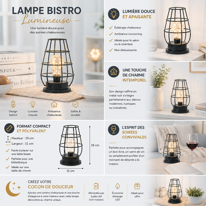 Infographie de la lampe bistro décorative LED avec dimensions, caractéristiques, ambiance lumineuse chaleureuse et exemples de décoration intérieure dans un salon et une salle à manger élégants.