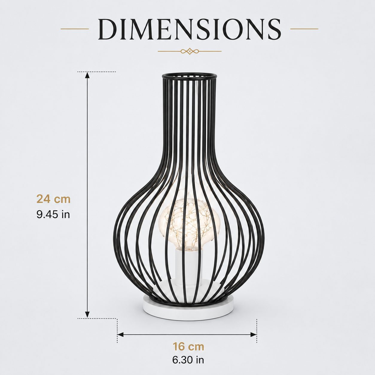 Infographie des dimensions de la lampe bouteille décorative LED, présentant une hauteur de 24 cm et une largeur de 16 cm, idéale pour une décoration intérieure élégante et un éclairage chaleureux.