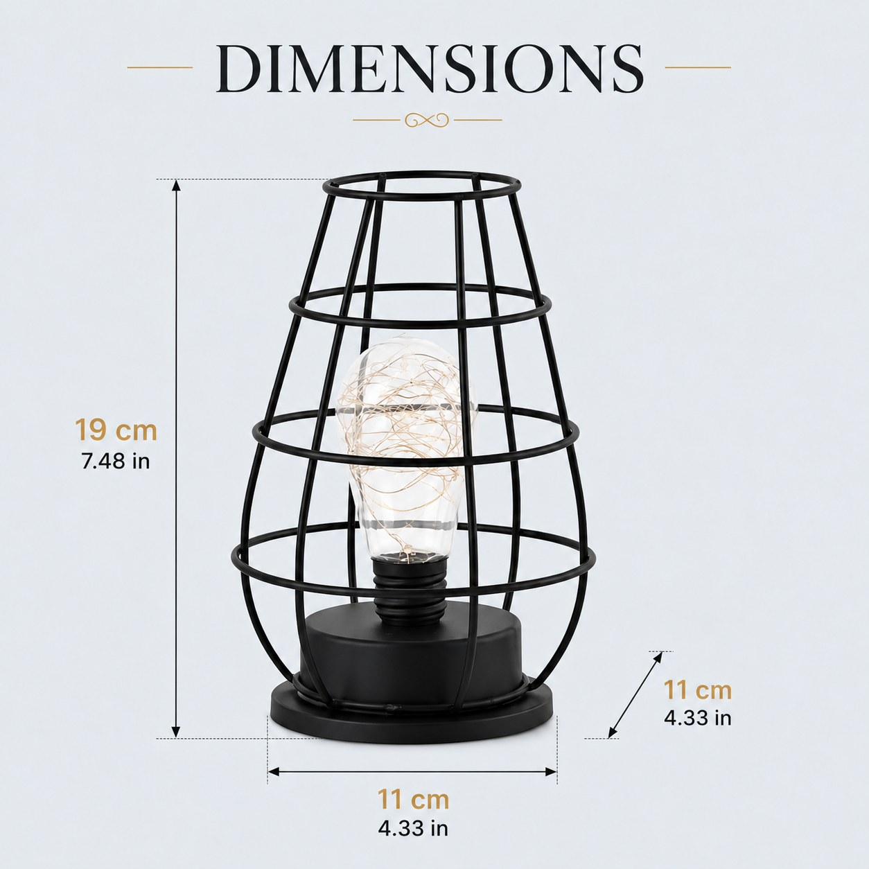 Infographie des dimensions de la lanterne bistro décorative LED, présentant une hauteur de 19 cm et une largeur de 11 cm, idéale pour une décoration intérieure élégante et un éclairage chaleureux.