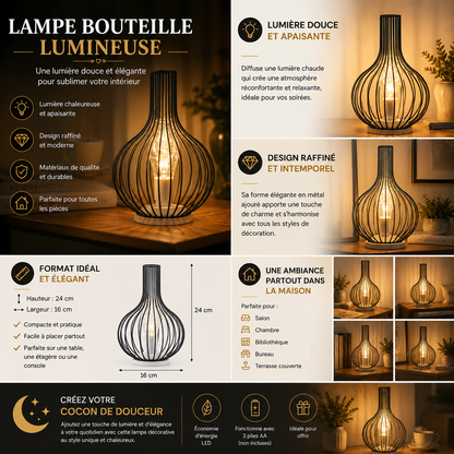 Lampe bouteille lumineuse décorative en métal noir avec éclairage LED chaleureux. Infographie présentant les dimensions, le design raffiné, les caractéristiques principales et les différentes utilisations dans un salon, une chambre ou un espace détente pour créer une ambiance douce et élégante.