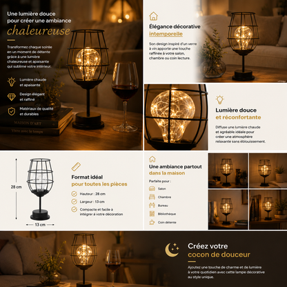 Lampe décorative style lanterne en métal noir avec éclairage LED chaleureux. Infographie détaillée montrant les dimensions, la lumière douce et réconfortante, le design intemporel et les différentes possibilités de décoration intérieure pour le salon, la chambre, le bureau ou l’espace détente.