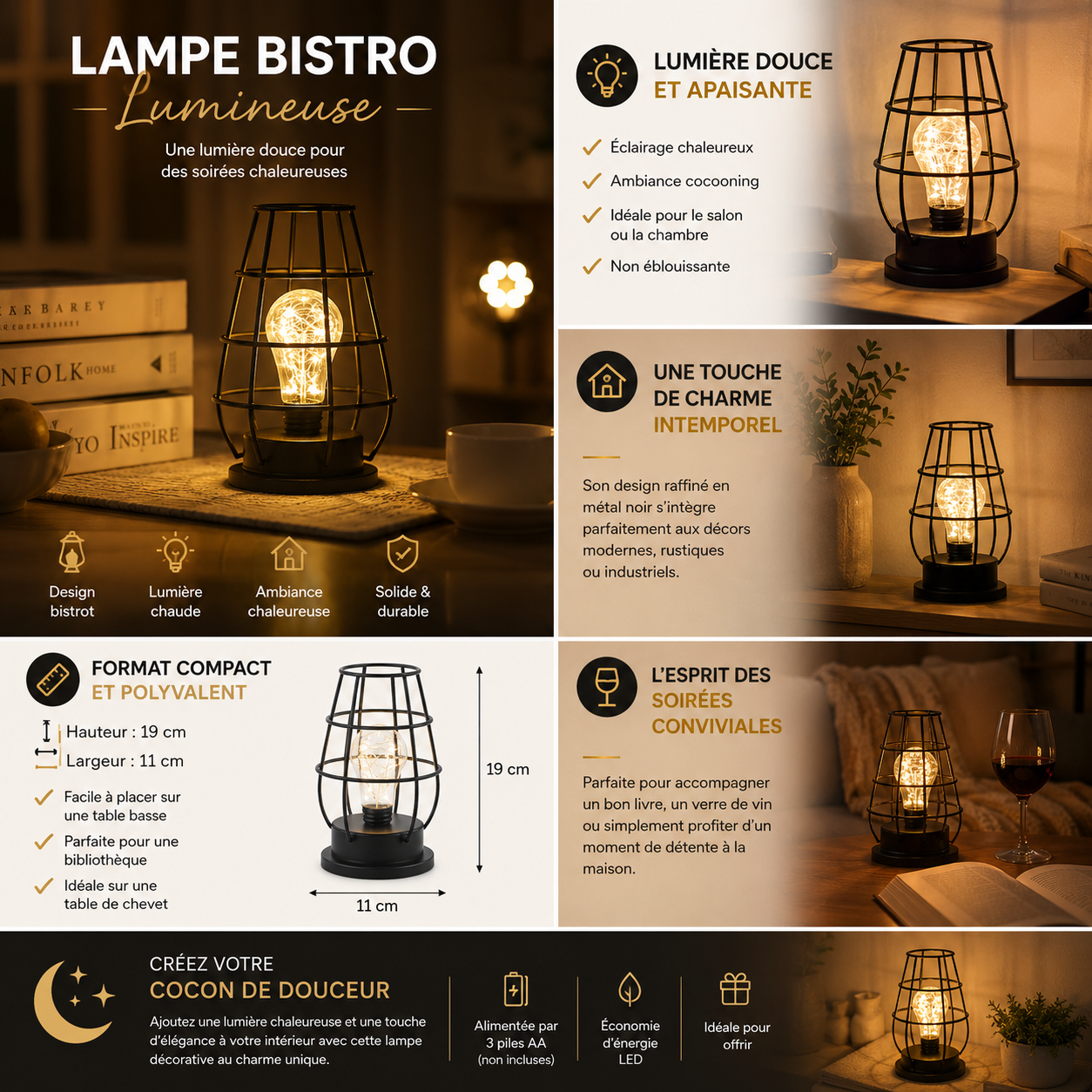Lampe bistro lumineuse décorative en métal noir avec éclairage LED chaleureux et design intemporel. Infographie détaillée présentant les dimensions, les avantages, la lumière douce et apaisante ainsi que plusieurs mises en situation dans un salon, une chambre ou un espace détente pour une décoration élégante et conviviale.