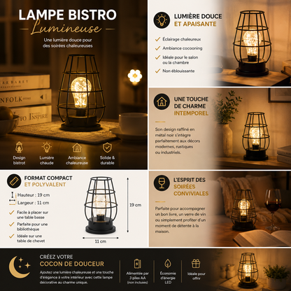 Lampe bistro lumineuse décorative en métal noir avec éclairage LED chaleureux et design intemporel. Infographie détaillée présentant les dimensions, les avantages, la lumière douce et apaisante ainsi que plusieurs mises en situation dans un salon, une chambre ou un espace détente pour une décoration élégante et conviviale.