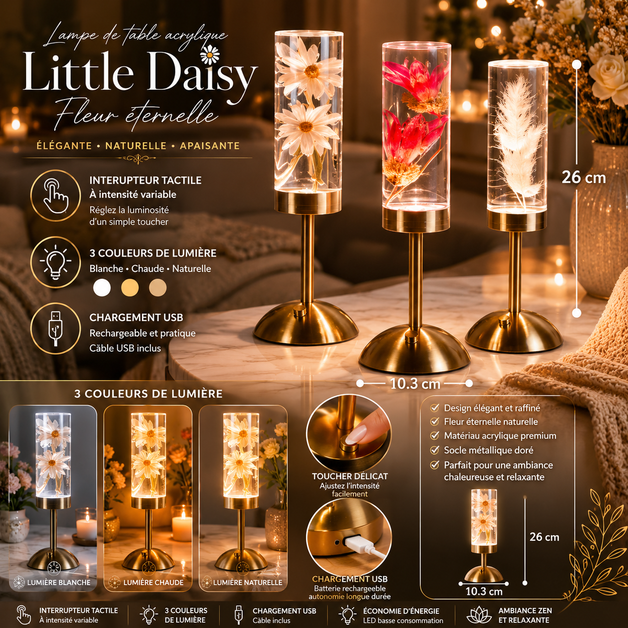 Infographie Little Daisy présentant les lampes Marguerite, Lotus Rose et Plume avec dimensions, éclairage à trois couleurs, interrupteur tactile et chargement USB rechargeable.