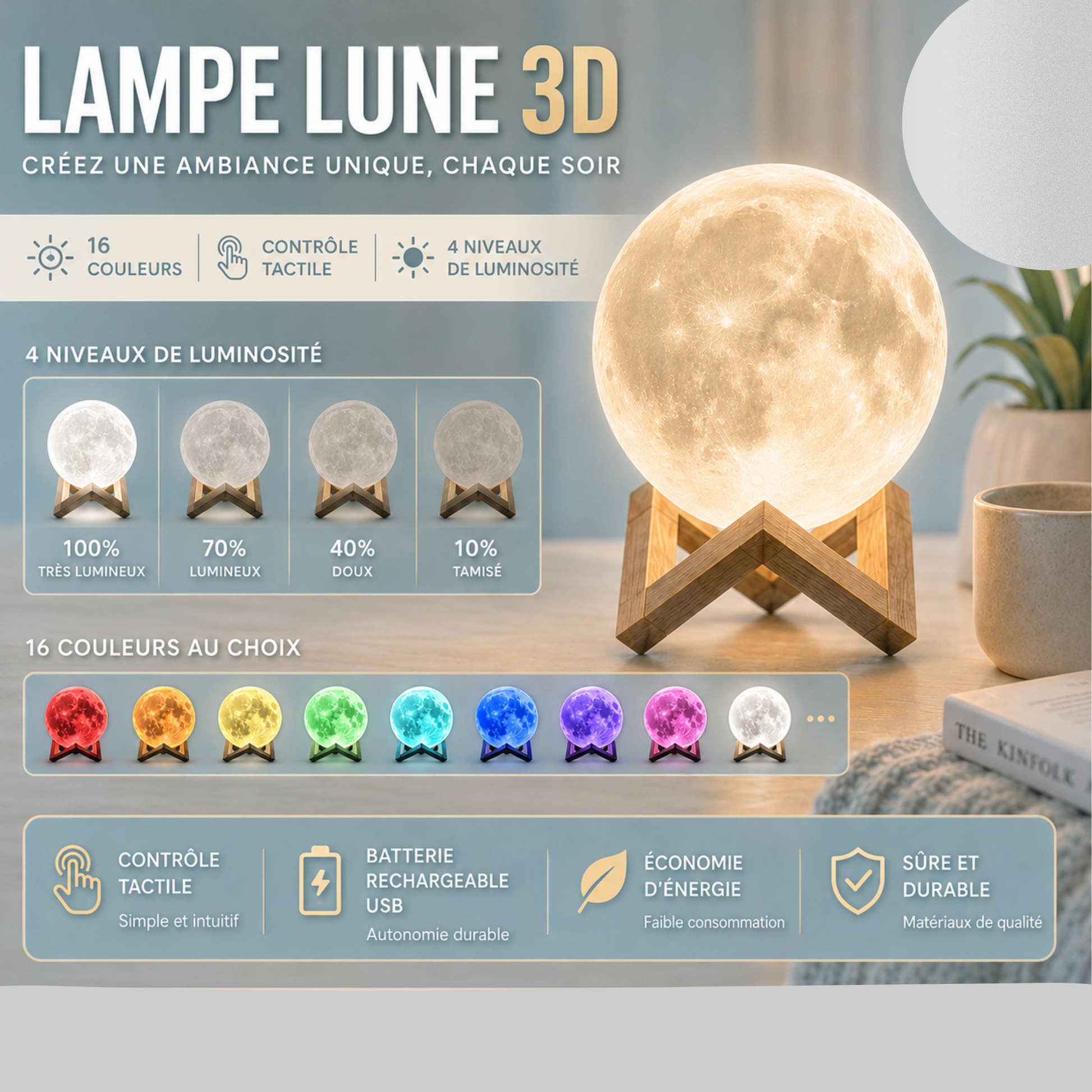 Infographie de la lampe Lune 3D LED rechargeable avec 16 couleurs, 4 niveaux de luminosité, contrôle tactile, batterie USB rechargeable et support en bois, idéale pour une décoration intérieure chaleureuse et une ambiance cosy.