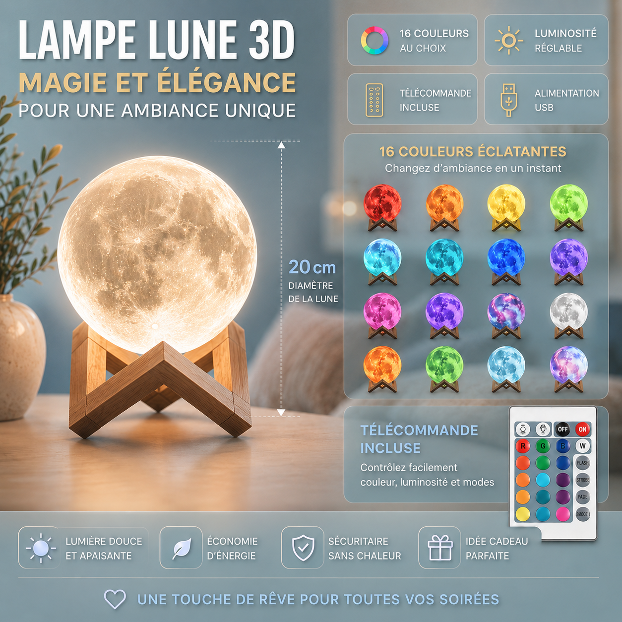 Infographie présentant la lampe Lune 3D LED rechargeable de 20 cm avec 16 couleurs, télécommande, intensité lumineuse réglable, alimentation USB et support en bois, idéale pour créer une ambiance chaleureuse et une décoration moderne.