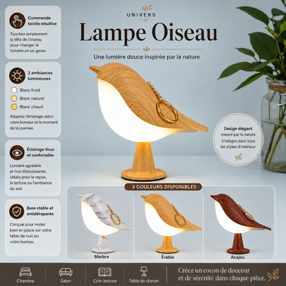 Infographie de la lampe oiseau LED design avec commande tactile, trois niveaux d'éclairage (blanc froid, naturel et chaud), diffuseur d'huiles essentielles, base antidérapante et trois finitions : marbre, érable et acajou.