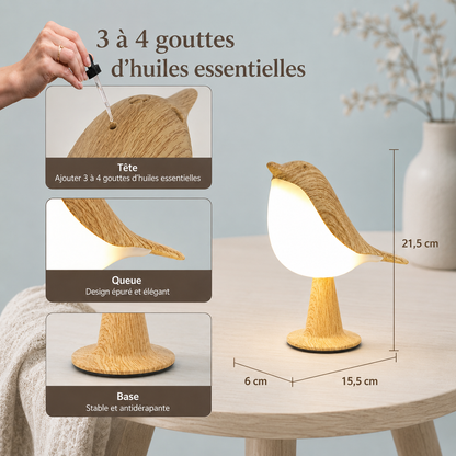 Infographie de la lampe oiseau LED diffuseur d'huiles essentielles présentant l'ajout de 3 à 4 gouttes d'huiles essentielles, les dimensions 21,5 × 15,5 × 6 cm, le design en bois et la base stable antidérapante.