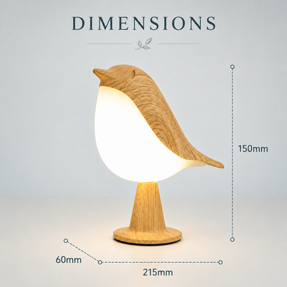 Schéma des dimensions de la lampe oiseau LED design en bois présentant ses mesures : 21,5 cm de hauteur, 15,5 cm de longueur et 6 cm de largeur de base.
