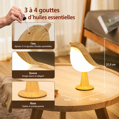 Lampe oiseau diffuseur d’huiles essentielles rechargeable USB avec lumière d’ambiance LED, base stable antidérapante, design décoratif et dimensions compactes pour chambre ou salon