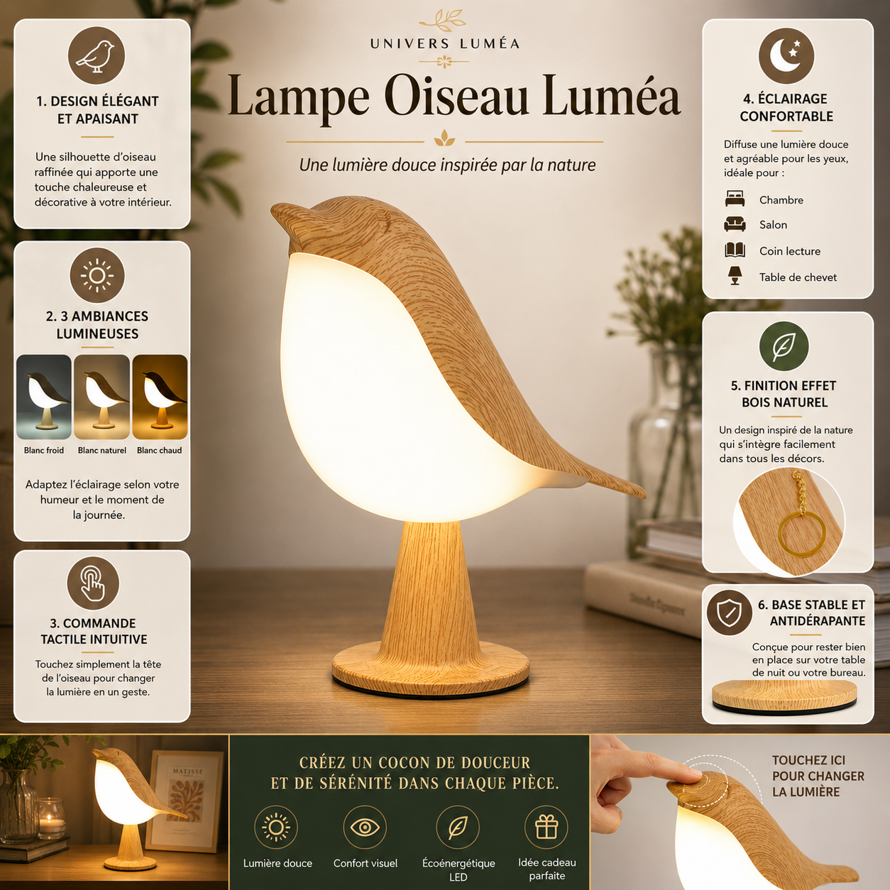 Lampe oiseau diffuseur d’huiles essentielles avec éclairage LED réglable, trois températures de lumière, commande tactile, finition effet bois naturel et design décoratif pour salon, chambre ou coin détente.