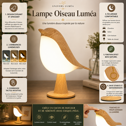 Lampe oiseau diffuseur d’huiles essentielles avec éclairage LED réglable, trois températures de lumière, commande tactile, finition effet bois naturel et design décoratif pour salon, chambre ou coin détente.