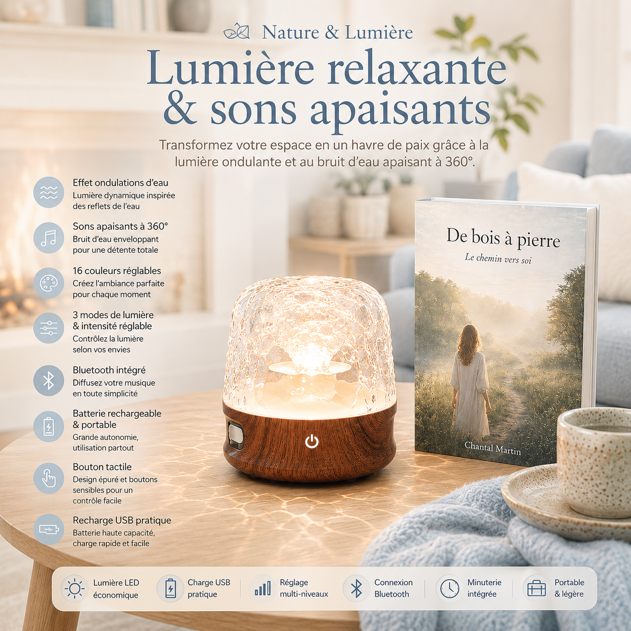 Infographie de la lampe Reflets d’Eau LED Luméa avec lumière relaxante, sons apaisants, effet ondulation d’eau, 16 couleurs, Bluetooth, batterie rechargeable USB et minuterie pour créer une ambiance zen et chaleureuse à la maison.