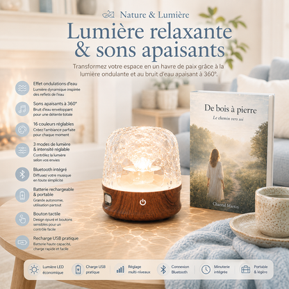 Infographie de la lampe Reflets d’Eau LED Luméa avec lumière relaxante, sons apaisants, effet ondulation d’eau, 16 couleurs, Bluetooth, batterie rechargeable USB et minuterie pour créer une ambiance zen et chaleureuse à la maison.