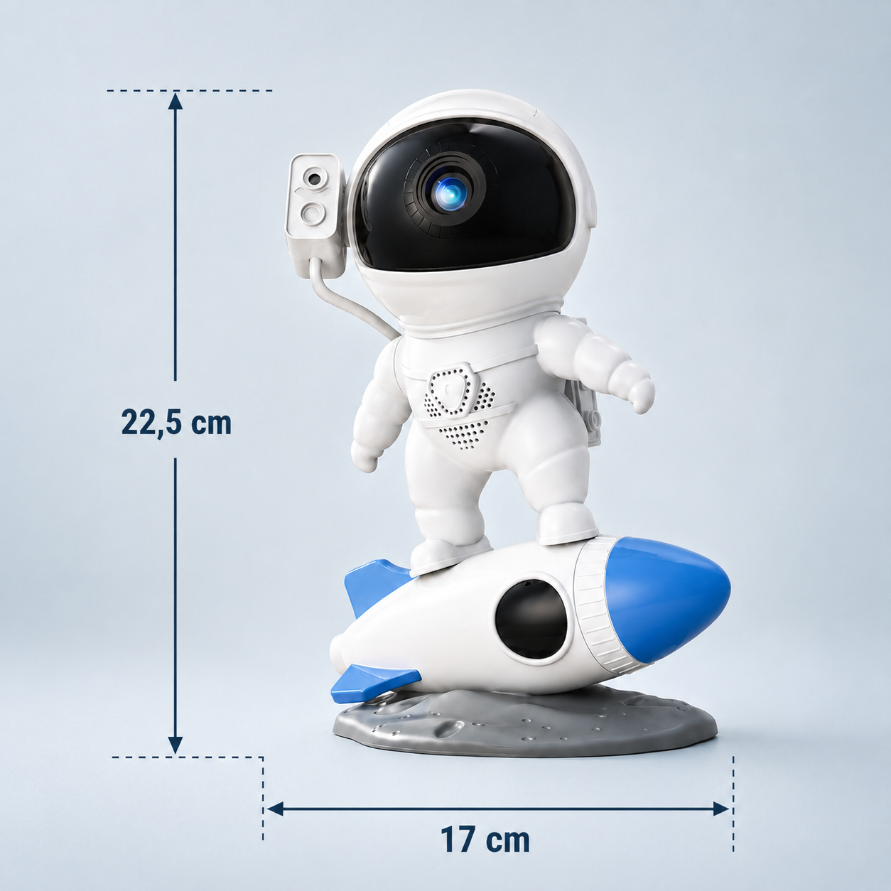 Infographie présentant les dimensions du projecteur astronaute LED en forme d’astronaute sur une fusée lumineuse. La veilleuse mesure 22,5 cm de hauteur et 17 cm de largeur, idéale comme veilleuse décorative et projecteur de ciel étoilé pour une chambre d’enfant.