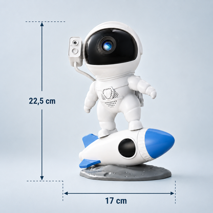 Infographie présentant les dimensions du projecteur astronaute LED en forme d’astronaute sur une fusée lumineuse. La veilleuse mesure 22,5 cm de hauteur et 17 cm de largeur, idéale comme veilleuse décorative et projecteur de ciel étoilé pour une chambre d’enfant.
